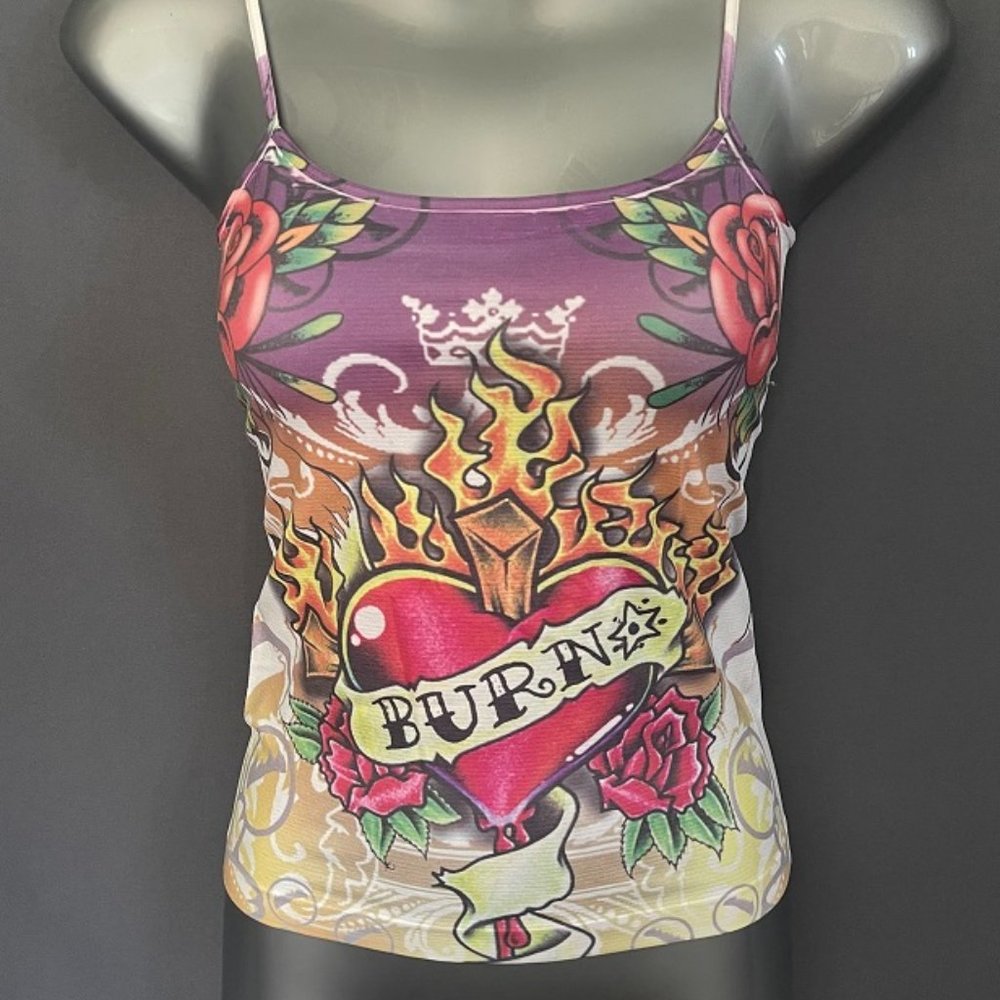 Womens Sublimation Spandex Nylon Tattoo Heart Flames Retro Tank Top S M L XL
